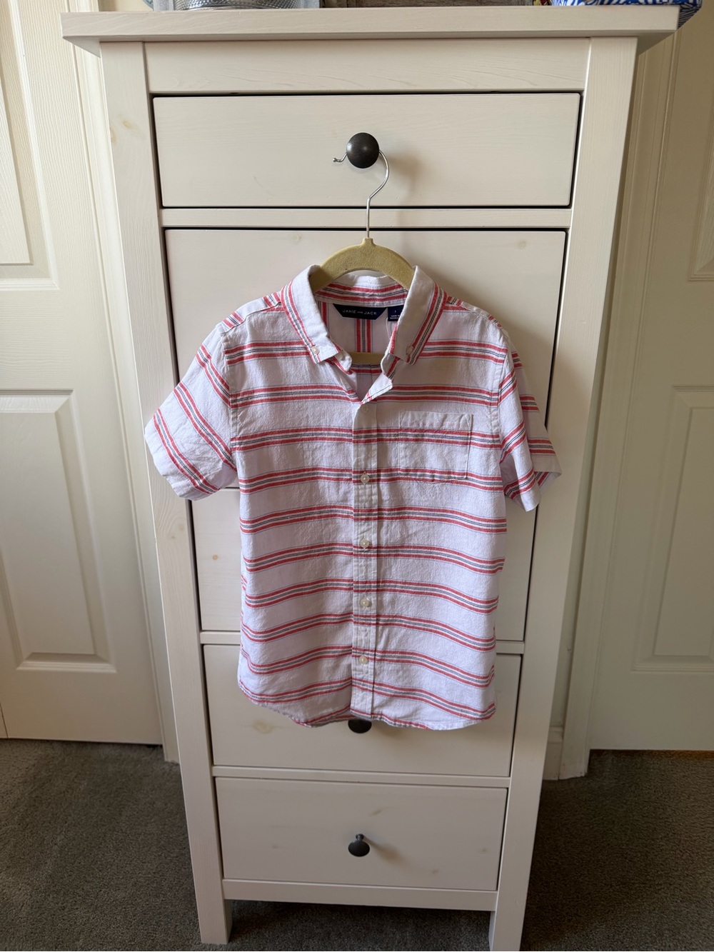 Boys Janie and Jack White Short Sleeve Button-Down Shirt with Stripes